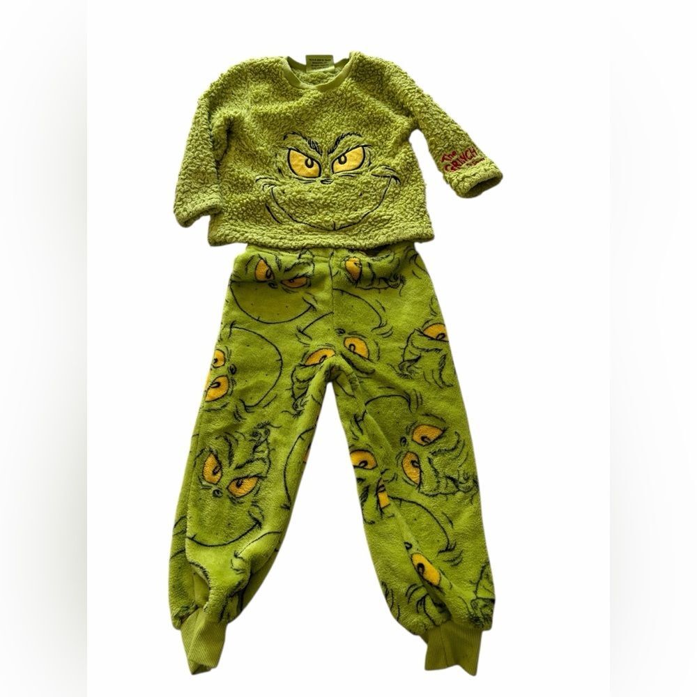 Primark Grinch Pajama Set Kids 3-4T | Fuzzy Fleece Top + Pants | Holiday PJs